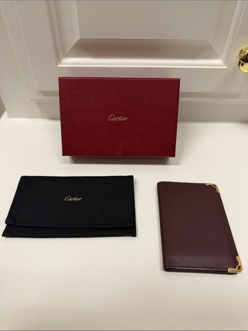 Cartier Burgundy Leather Card  Key Holder With Gold Corner Accents